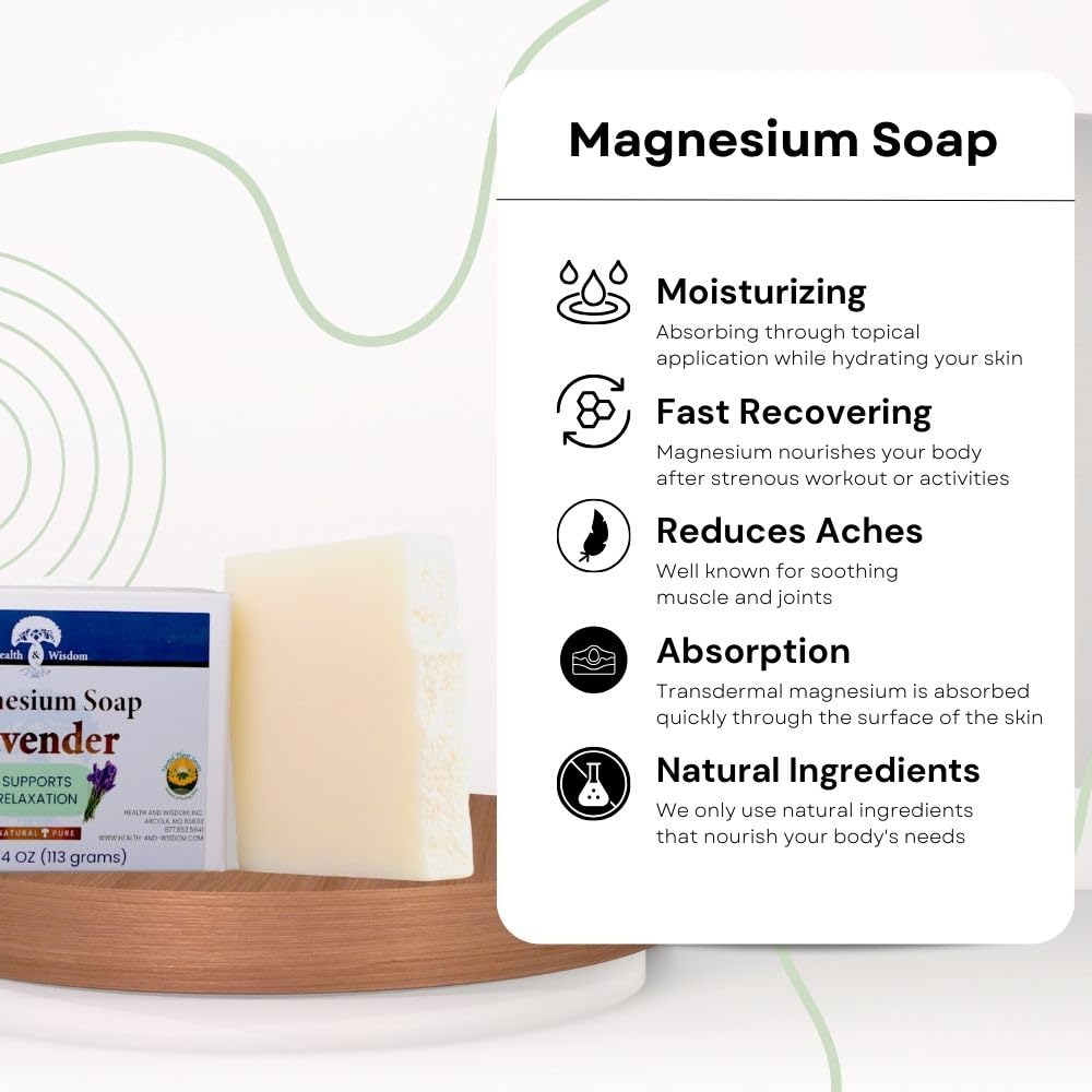 Health and Wisdom Magnesium Soap Bar - Magnesium Body Wash, All Natural Soap Bar, Magnesium Bar Soap, Magnesium Shower, Magnesiu