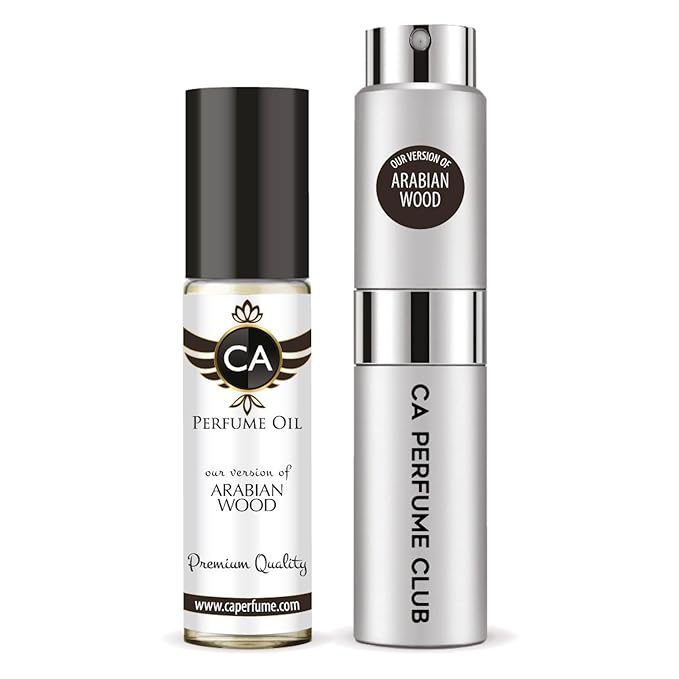 CA Perfume Duo Impression of Arabian Wood For Women And Men Perfume Layering Set Long Lasting Travel Size EDP + Body Oil Roll-On Bottle 0.27 Fl Oz+0.33 Fl Oz