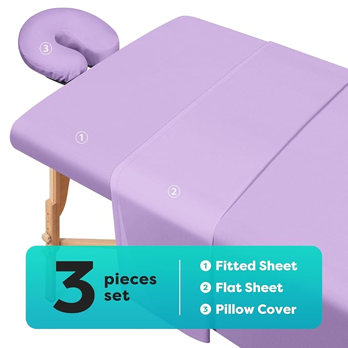 Comfyanno Massage Table Sheets Sets, 3 Pcs Professional Microfiber Massage Bed Cover Sheets, Soft, Light-Weight, Stain & Wrinkle Resistant, Includes Flat & Fitted Sheet, Face Cradle Cover - Lavender