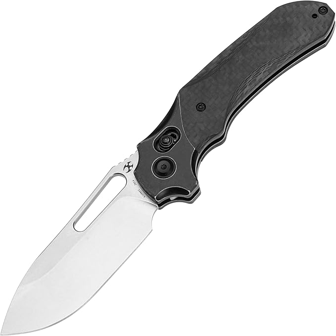 Kansept Quasar Pocket Knife, 3.38''Stonewashed Cpm 20cv Sharp Steel Blade, Titanium and Twill Carbonfiber Handle, Cross Ba...