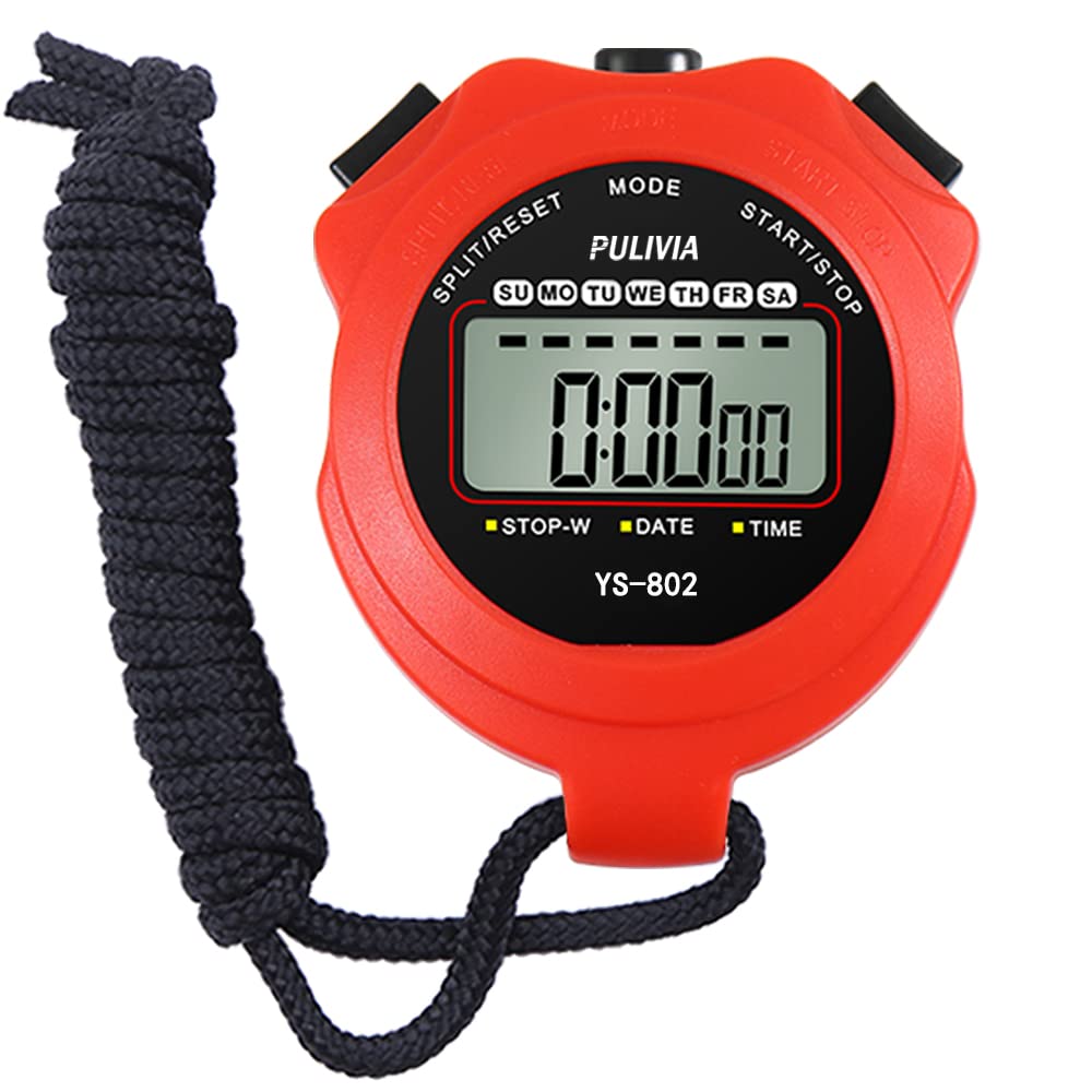 PULIVIA Sports Stopwatch Timer Single Lap Split Digital Stop Watch for Sports Kids Coaches Swimming Running, Red