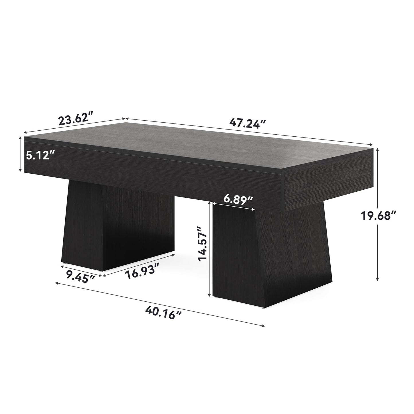 LITTLE TREE Farmhouse Coffee Table, 47 Inches Wooden Rectangular Accent Center Tables with Thick Base, Modern Low Cocktail Tea Furniture for Living Room (Black)