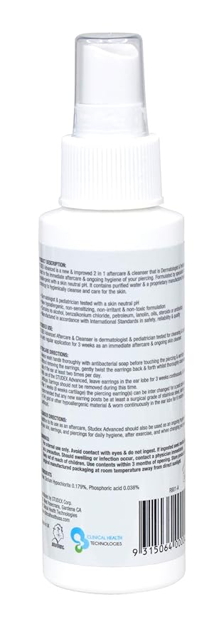 Studex Advanced 2-in-1 Piercing Aftercare & Cleanser – Hypochlorous Spray for Body and Ear Piercing, Hypoallergenic Formula for Sensitive Skin (Pack of 2)