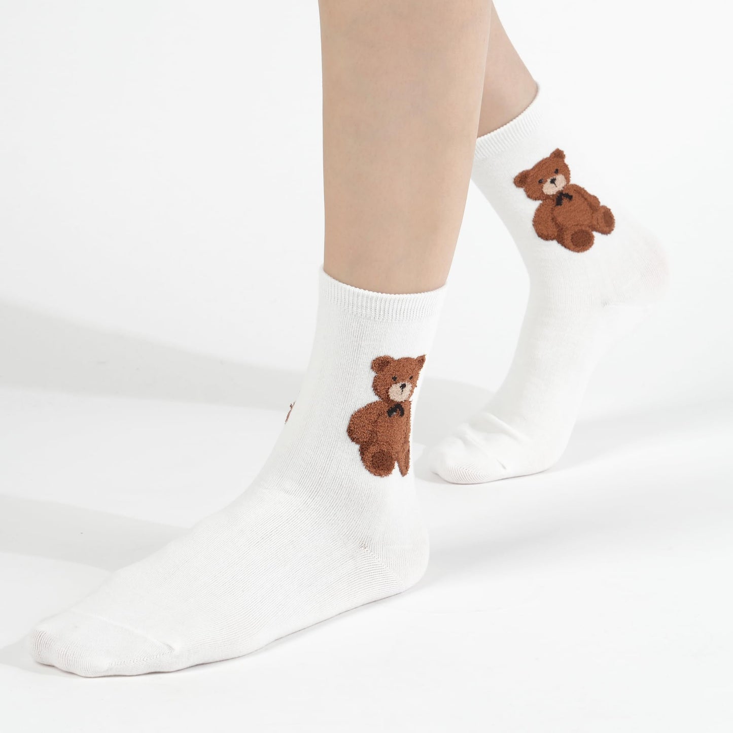 kikiya socks Women Cute Crew | 5 Pairs Cute Bear Character Graphic Print and Striped Designed White Black Ivory Brown Colored Daily Cotton Socks | Womens Ladies Girls Gift | Bear B