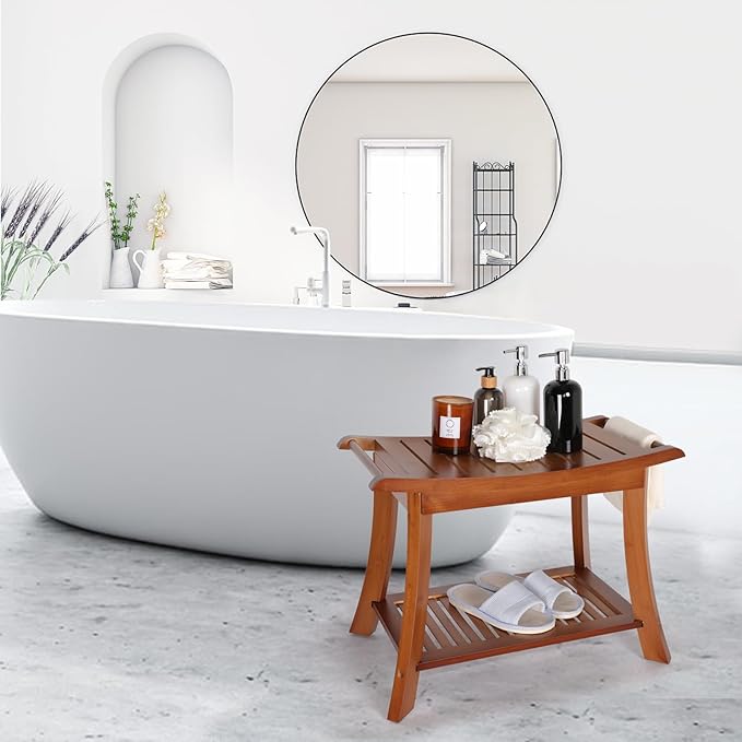 VVW Bamboo Shower Bench & Stool with Storage Shelf, Bath Benches for Inside Shower, Bathroom Stools 2-Tier Spa Seat for Adults Elderly (Walnut)