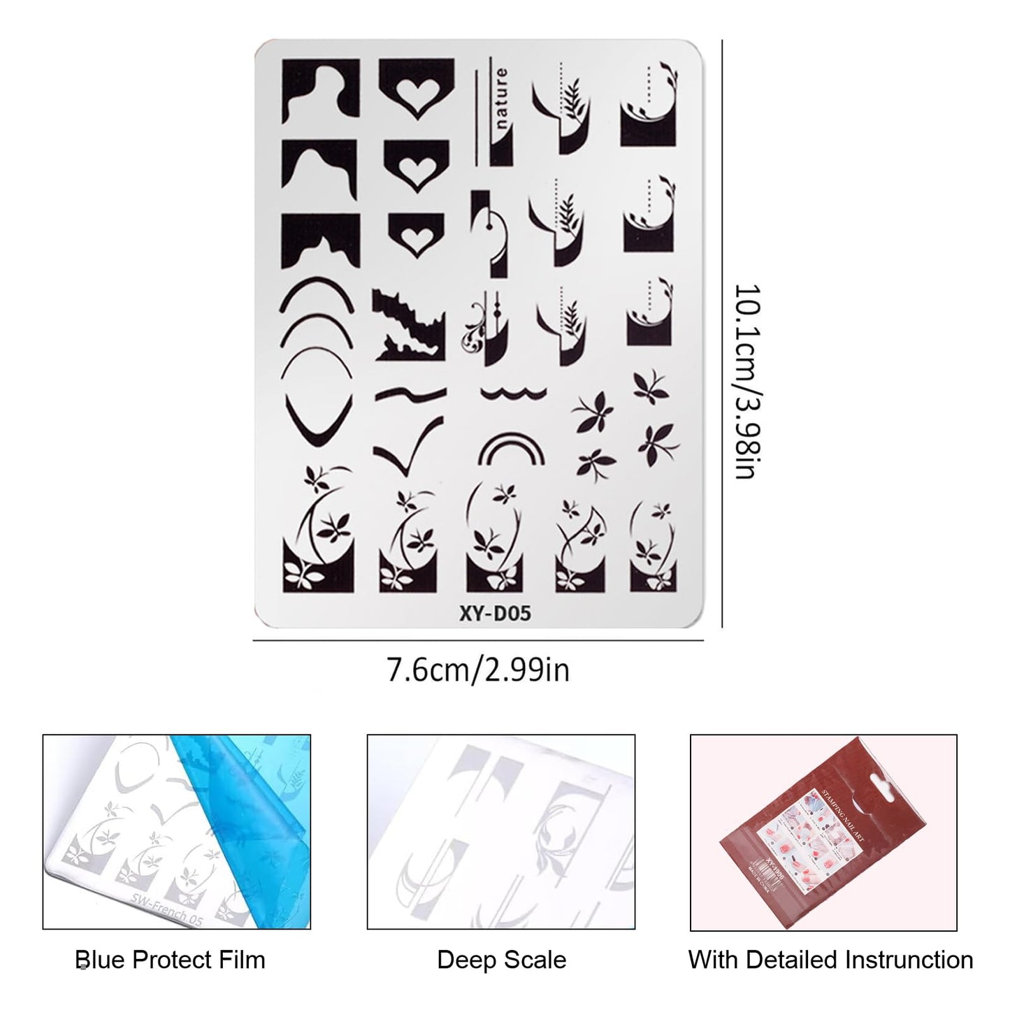 BlueZOO Nail Stamping Plates Set, Moon Star Cross Heart French Line Wave Strips Plants Nail Art Image Stamp Templates Reusable M