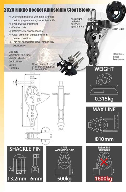 Blue Shark: 57mm Single Swivel Fiddle Becket Adjustable Cam Aluminum Sailing Block (1-Pack) 2320