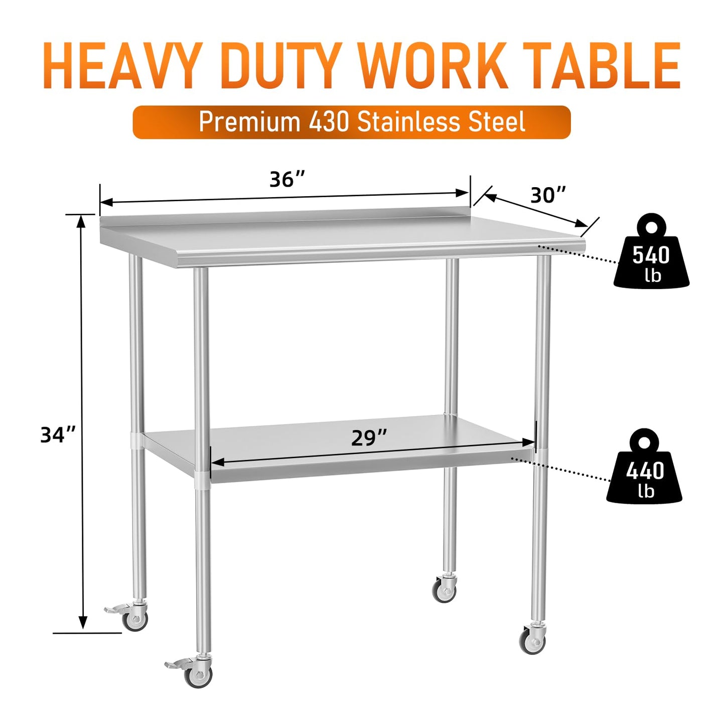HOCCOT Stainless Steel Prep Table 30" X 36" with Adjustable Undershelf, Backsplash and Wheels, Commercial Metal Workstations for Kitchen, Garage, Outdoor BBQ
