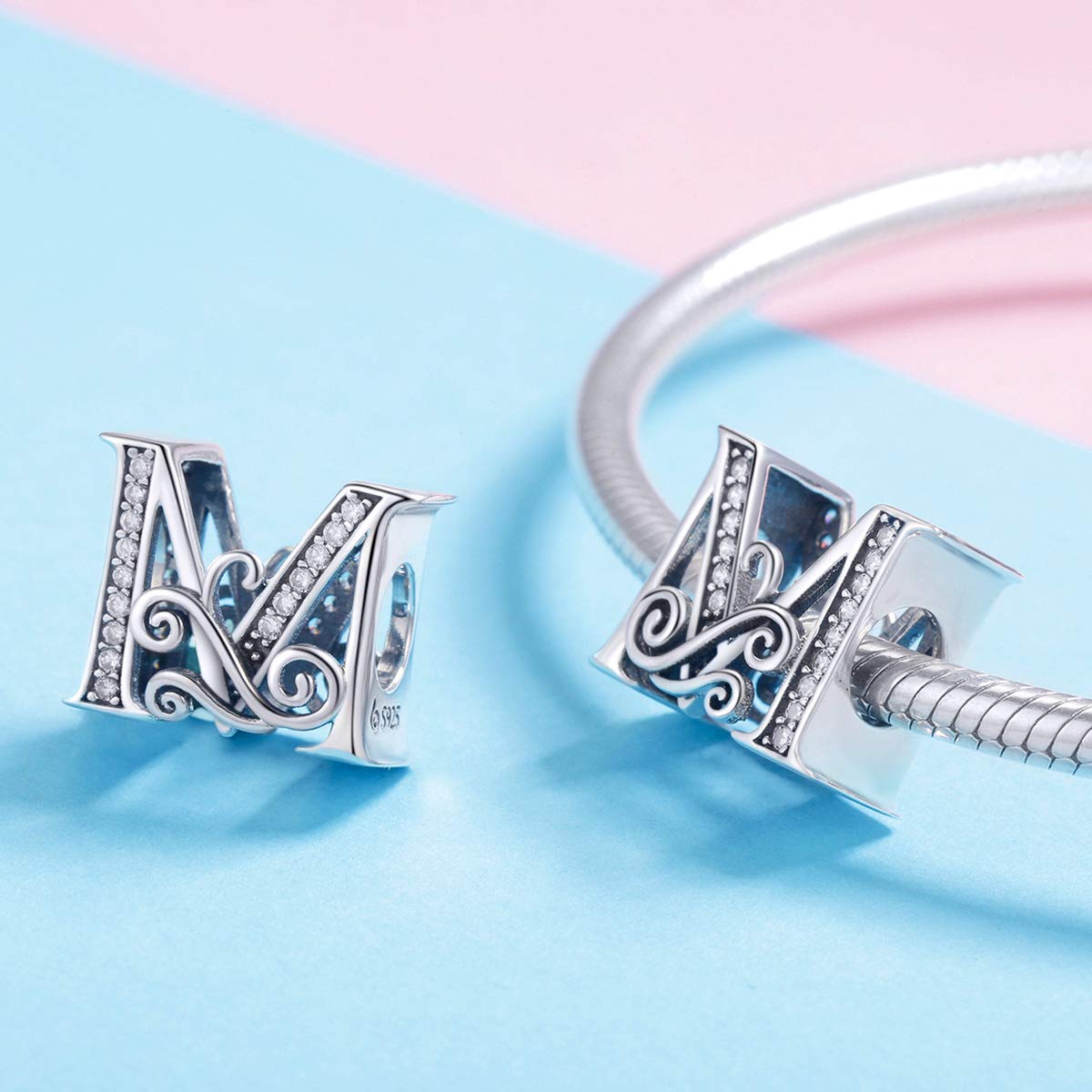 BISAER 925 Sterling Silver Initial Letter M Charms for Bracelets Alphabet Beads Charm Jewelry Gifts