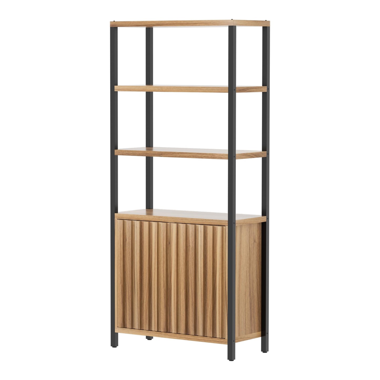 UEV 5 Tier Wood Boho Bookshelf with Storage Door,Fluted 71 in Tall Bookshelf with Metal Stand,Mid Century Modern Large Accent Bookcase for Living Room,Bed Room (Wood, 1 Piece)