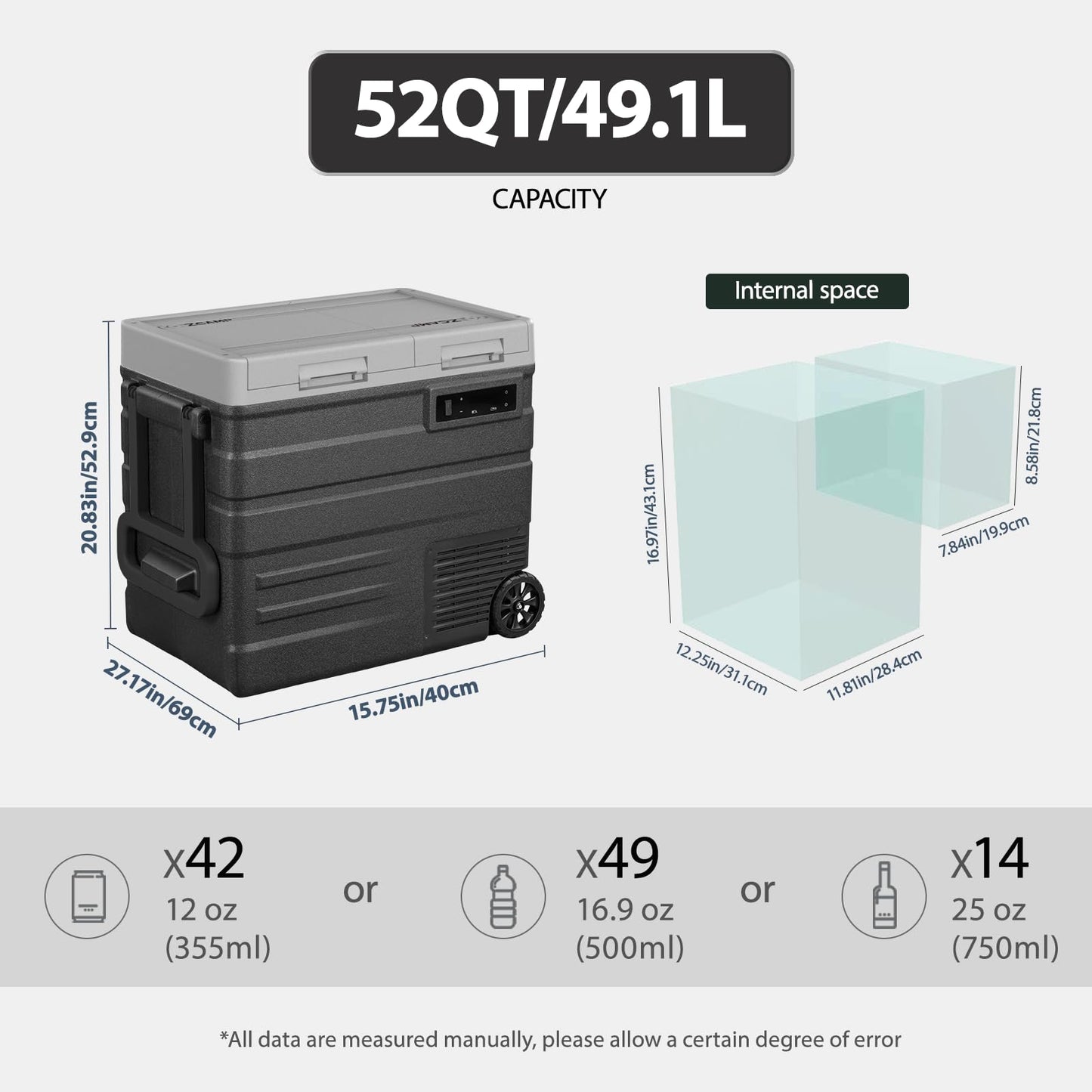 zcamp UD55 12V Car Refrigerator,Dual Zone Car Fridge with Wheels,52QT(49.1L) Electric Cooler Portable Freezer,12 Volt Refrigerator -4℉~68℉,12/24V DC 100-240V AC for Camping, Travel, Truck, RV