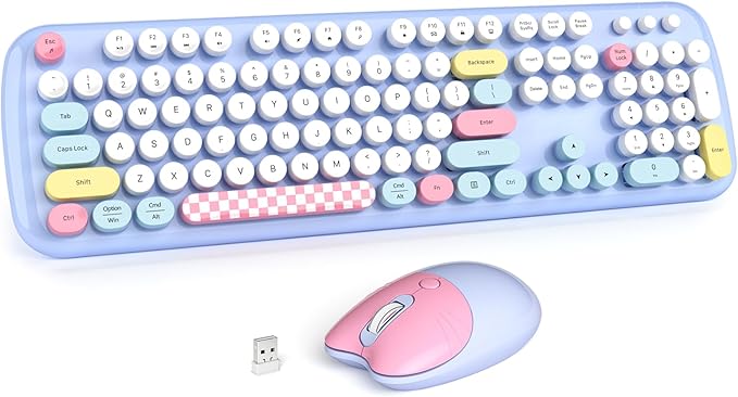 Wireless Keyboard and Mouse Combo for Windows, MOWUX 2.4G Full-Sized External Cordless Computer Keyboard, Compact Mouse, 8 Multimedia and Shortcut Keys, for PC, Laptop - Light Blue Colorful