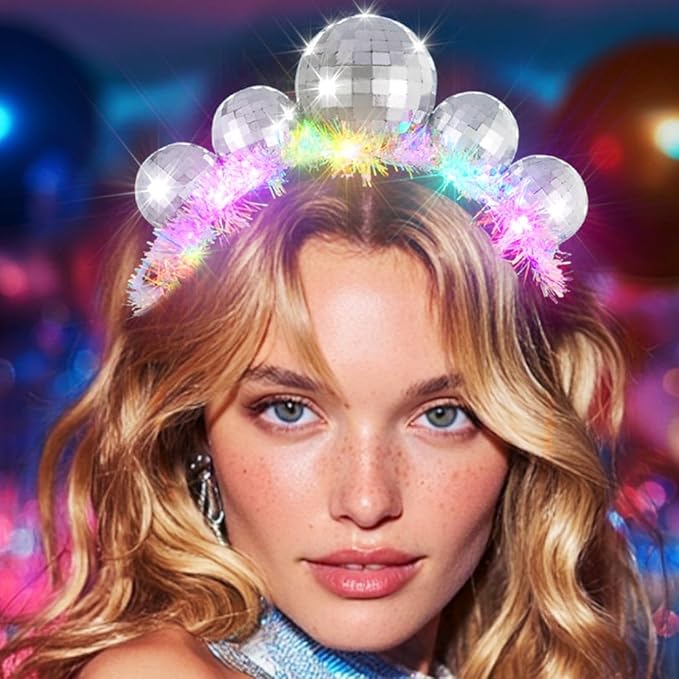 CAKURE Light Up Disco Ball Headband Silver 70s Led Hair Band Holiday New Year Eve Hair Accessories for Women