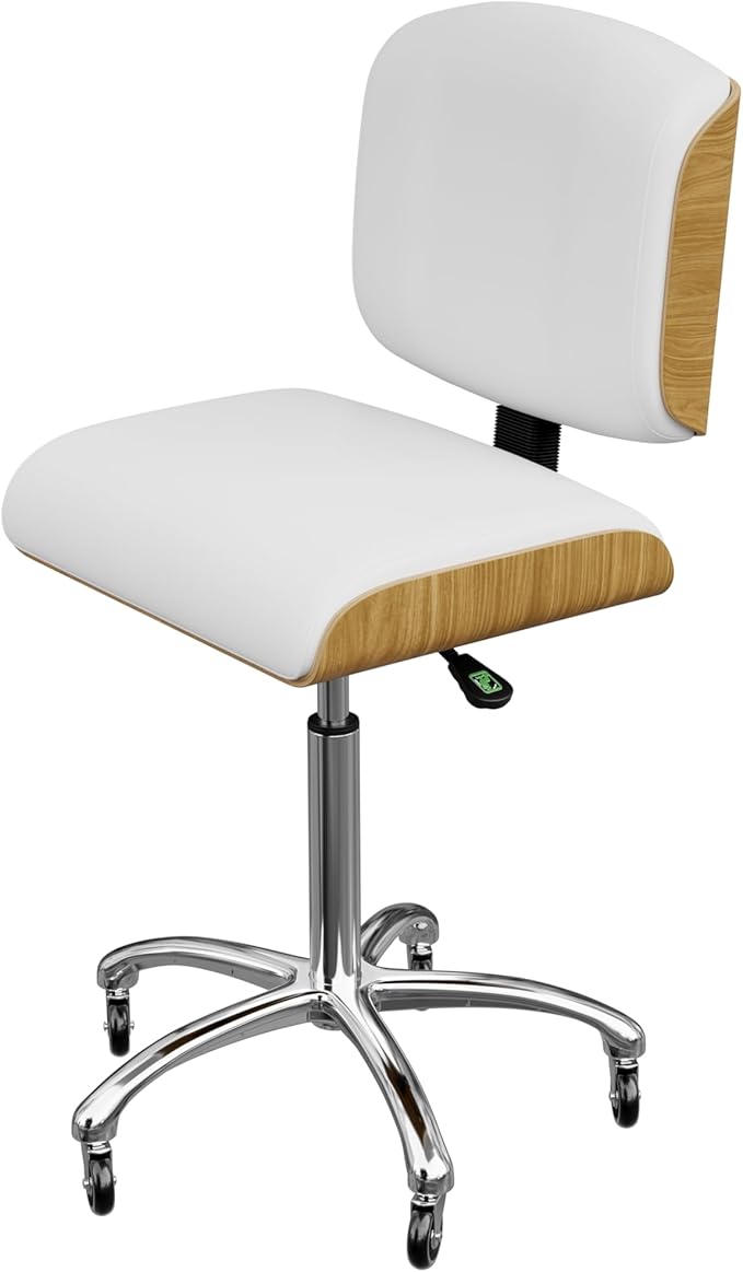 Spa Numa Bentley Beauty Esthetician Nail Salon Stool Rolling Chair with Adjustable Backrest, Flat Square Seat, Metal Bar, Vegan Leather Upholstery for Beauty Exam Office and Home - 1071 (White)