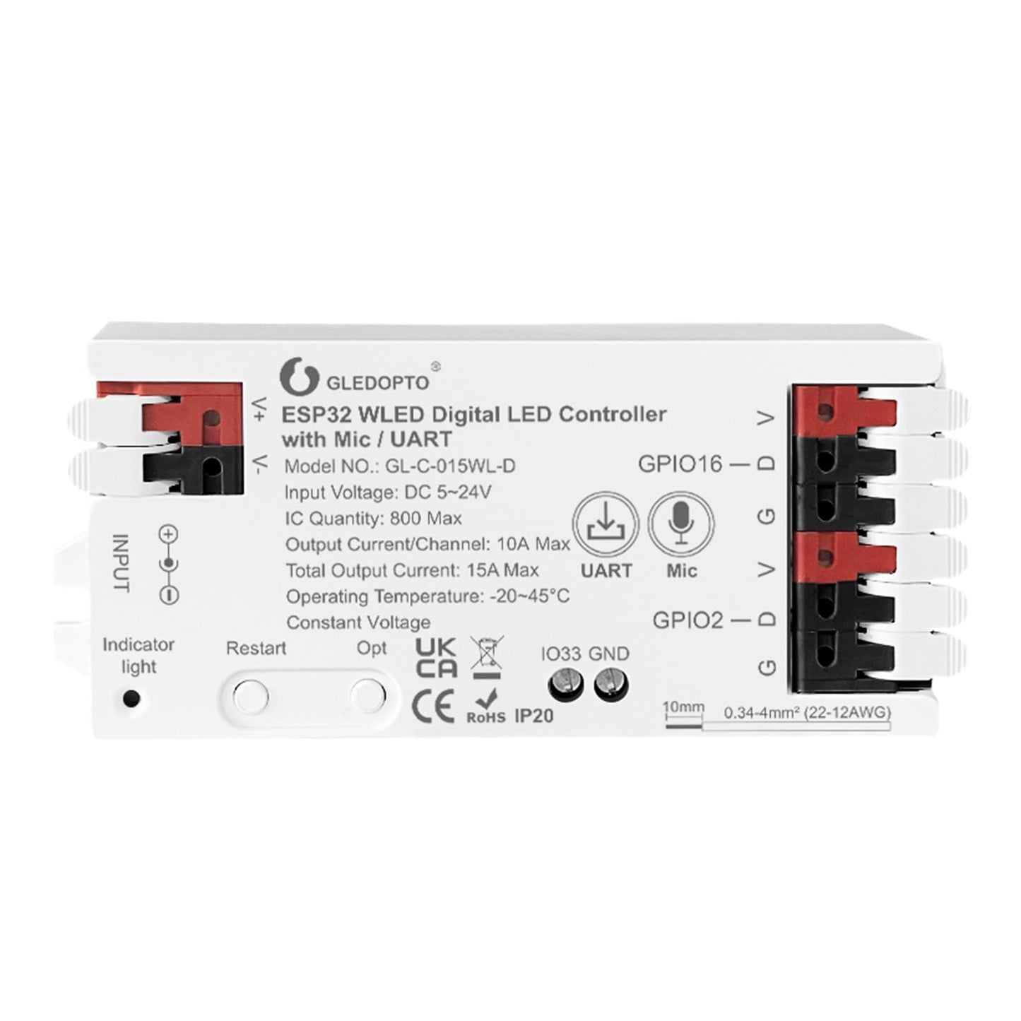 GLEDOPTO ESP32 WLED LED Strip Controller Mic UART Download Music Sound Dynamic Mode RGB IC DIY WiFi APP Control Easy Wiring for WS2811 WS2812 SK6812 TM1814 WS2813 WS2815 FCOB Addressable Strip Light