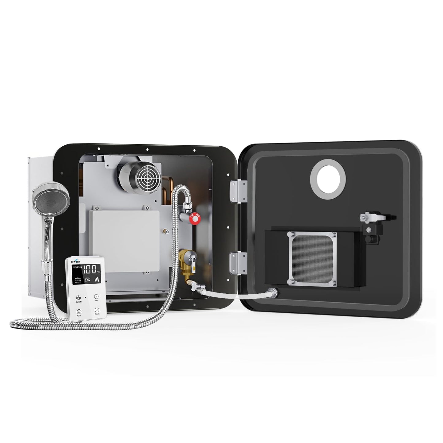 RIWORY 65,000 BTU RV Tankless Water Heater Propane 15x18 inches, 3.9 GPM DC 12V On Demand RV Water Heater with Remote Controller, Double Water Outlet, Freeze Protection Hot Water Heater for RV Camper