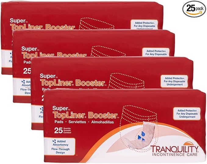 Tranquility TopLiner Disposable Booster Pads, Super (15" x 4.25") Flow-Through Design with Adhesive Strip for Max Absorption, Adult Unisex, 100ct Case