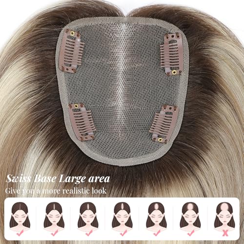 Human Hair Topper 12Inch 4x4.8inch Large Swiss Base with Thinning Hair (Ombre Light Brown with Blond Highlight)