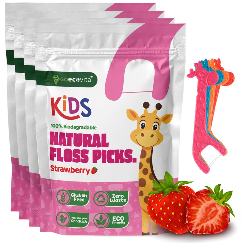 Biodegradable Kids Flossers - Dental Floss Picks for Children | Fluoride & Plastic-Free | Colorful & Fun Animal Floss Sticks | Eco Friendly, Vegan, Natural (Strawberry - 200 Pack)