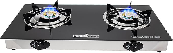RegiisCook Double Burner Propane Gas Cooktop,Camping Portable LPG Gas Stove, Auto Ignition Tempered Glass Countertop with ...