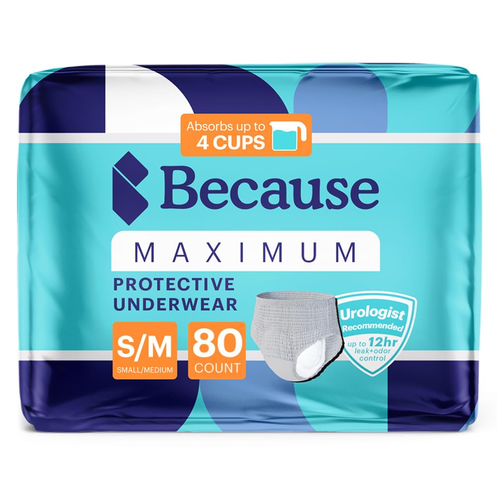 Because Maximum Incontinence Underwear for Men - Heavy Bladder Leak Protection, Ideal for Overnight Leakage, Sleek, Invisible Fit, Grey, Small/Medium -Absorbs 4 Cups - 80 Count (4 Packs of 20)
