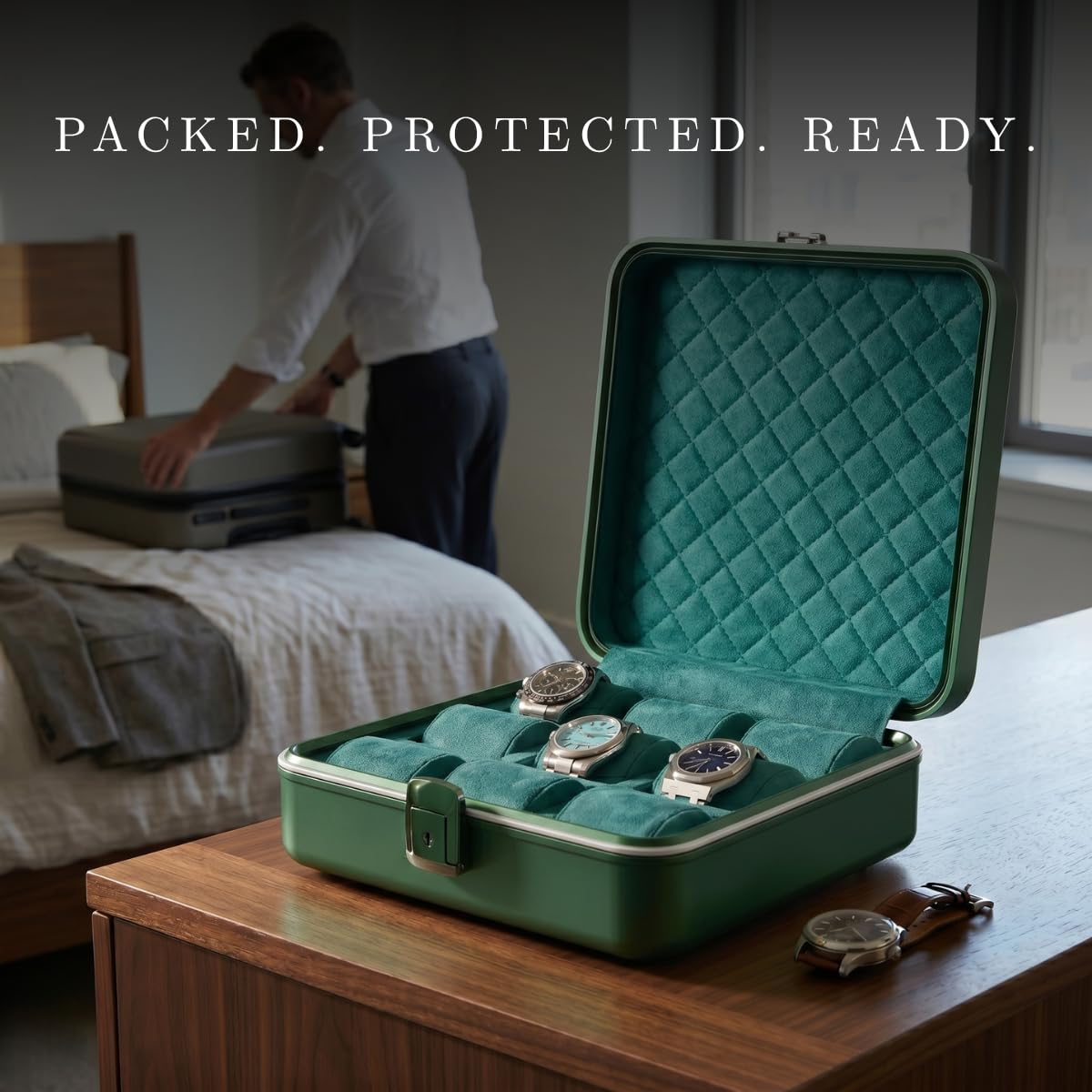 Bey-Berk Prague Aluminum Watch Case in Hunter Green – 9-Slot Locking Travel Box with Soft Interior for Watch Storage