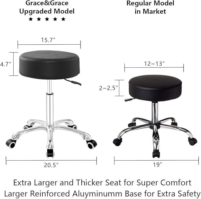 Grace&Grace Height Adjustable Rolling Swivel Stool with Extra Thick Seat for for Salon, Studio, Shop, Kitchen,Dental,Heavy Duty Medical Stool with Wheels