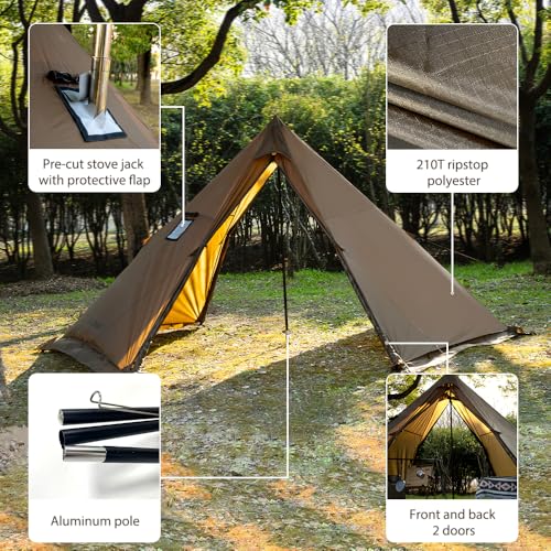 Hot Tent with Stove Jack and Snow Skirt, 6.89~8.53ft Standing Room, 2~5 Person, Tipi Tent for Family Hiking, Fishing, Hunt...