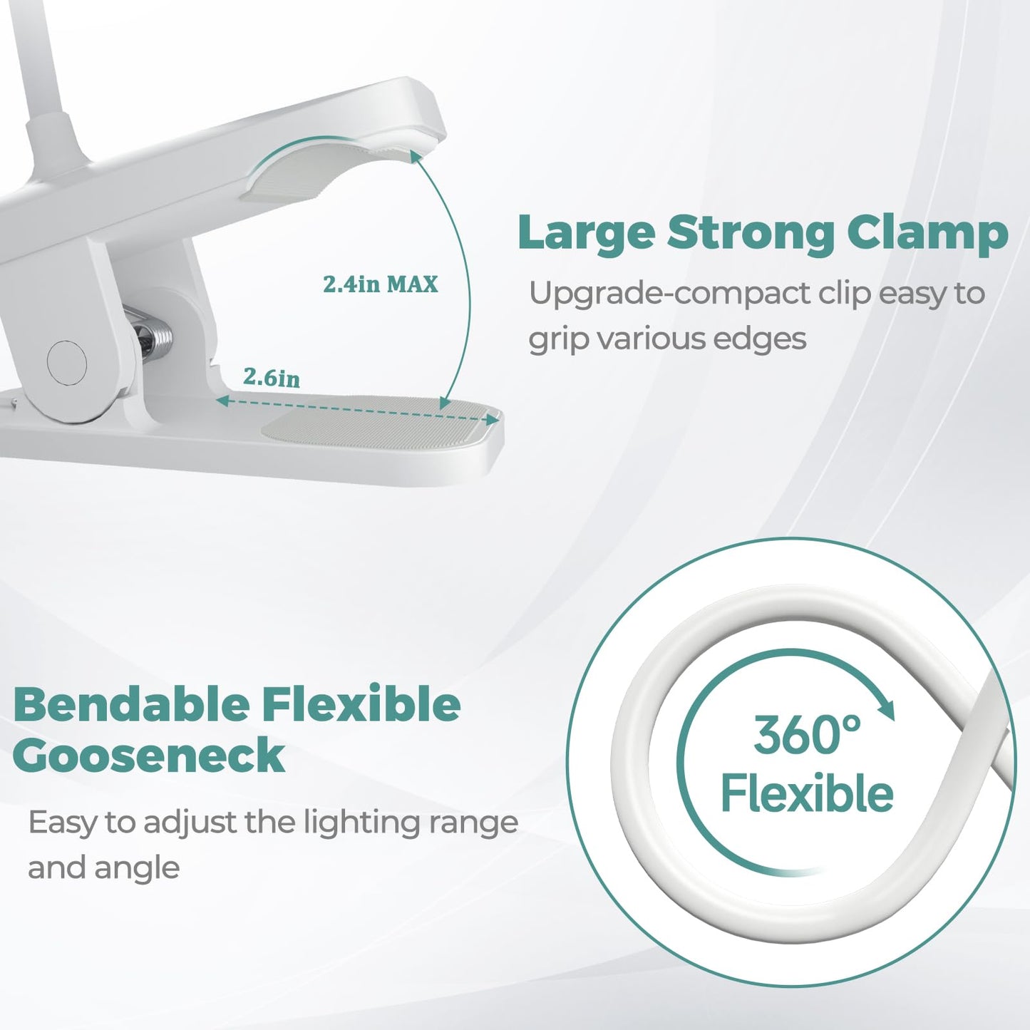CUHIOY 2Pack Clip on Reading Light, 5 Colors 5 Brightness Bed Light for Headboard, Battery Rechargeable Flexible Arm Table Lamp with Clamp, Eye Protect LED Book Light at Night for Crafting（White）
