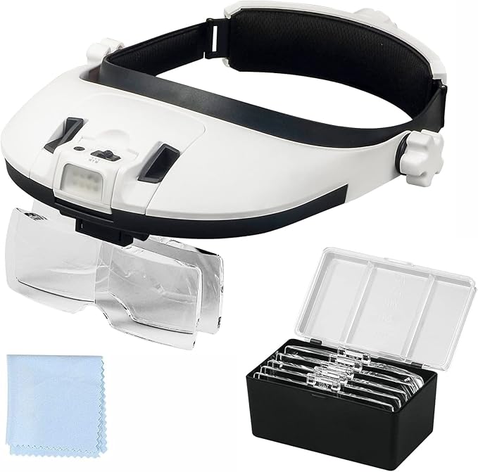AmsOpto Large Lens Head Magnifier Headband Magnifying Glass with Light Hands free 8 LED Magnifier with White and Yellow Li...