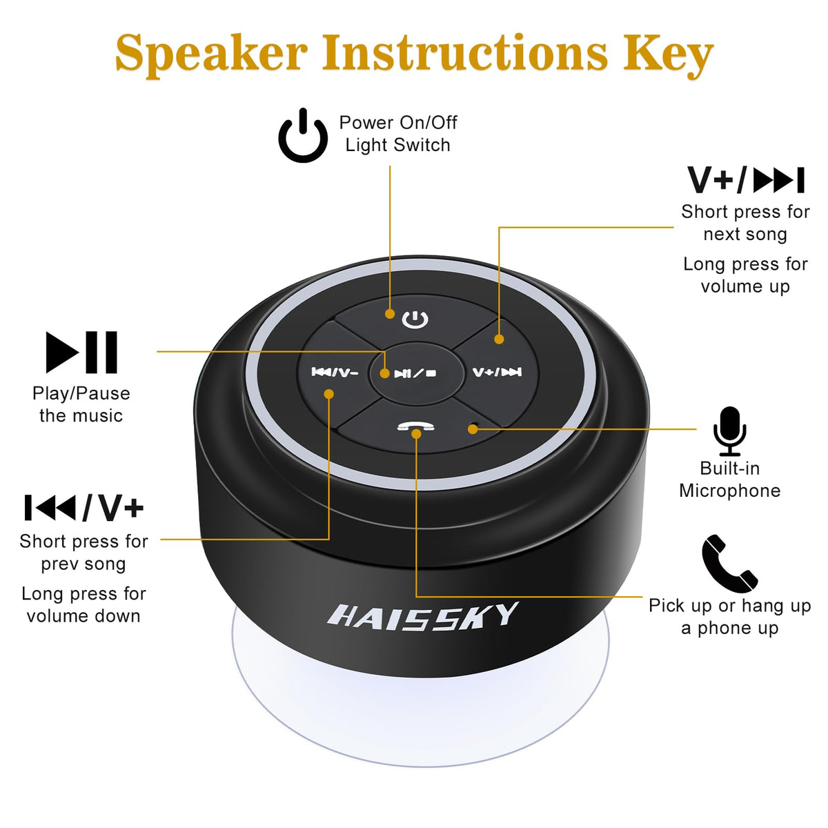 TDLIRH Bluetooth Waterproof Shower Speaker, Portable Wireless Speaker with Suction Cup, Colorful Lights, Teen Gift Idea for Shower, Bathroom, Pool, Beach