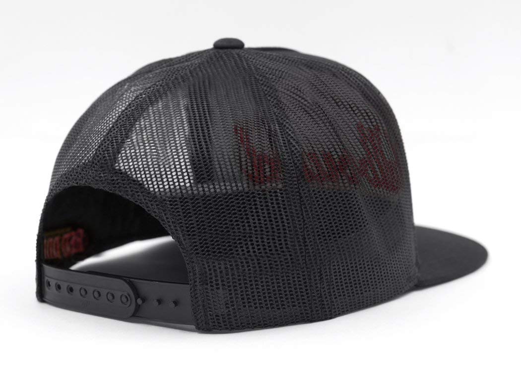 Hellbound Trucker Cap for Men – Flat Bill Mesh Snapback Hat – 5-Panel Black Cap with Bold Red Hellbound Front – One Size Adjustable – Cotton/Poly/Nylon Blend – Outdoor Summer Baseball Hat
