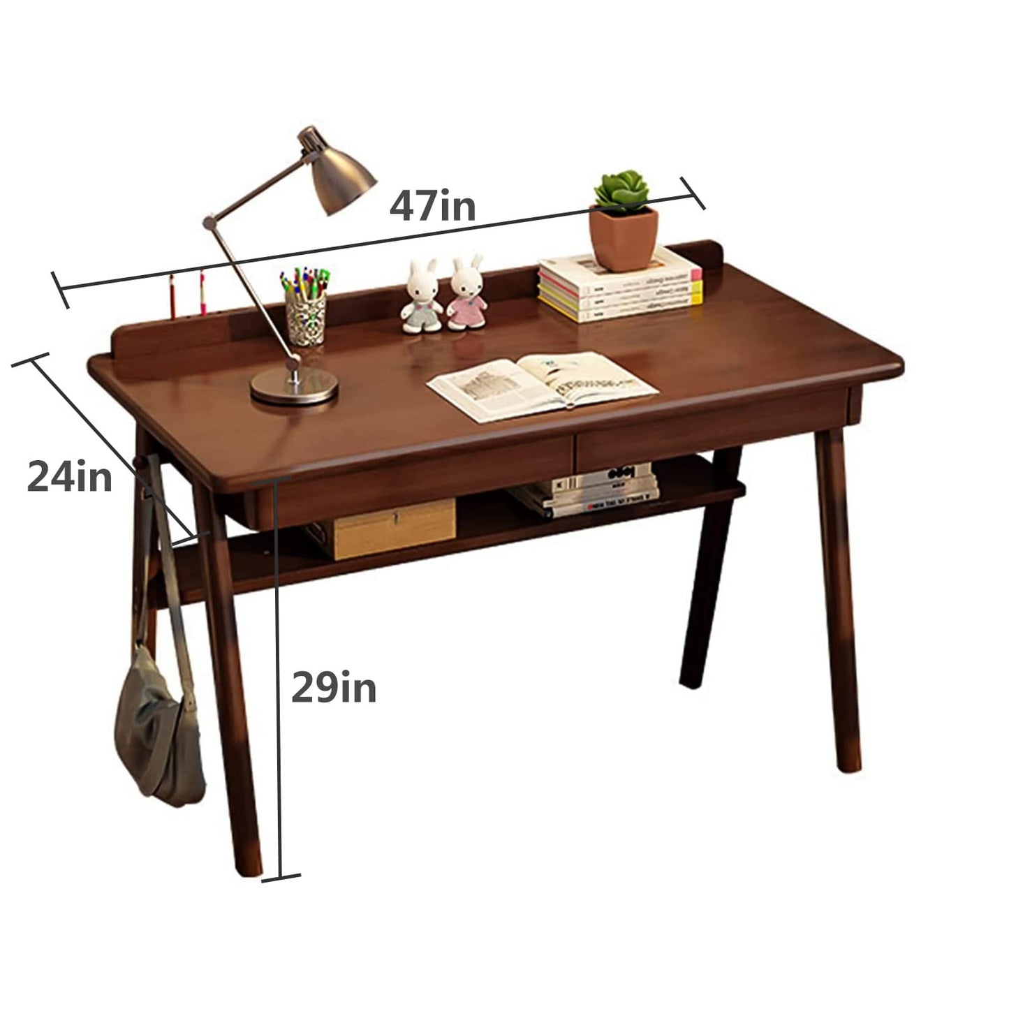 Solid Wood Writing Desk, 47" Mid-Century Modern Walnut Desk, Home Office Computer Desk with 2 Drawers and Storage Shelf, Laptop Desk, Study Table, Work Desk Station