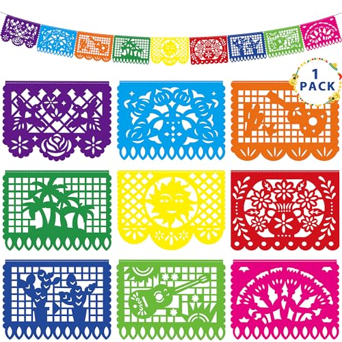 18 FT Cinco De Mayo Party Decorations, 1 Pack Fiesta Banner with 9 Plastic Papel Picado, Colorful Mexican Theme Party Flag...