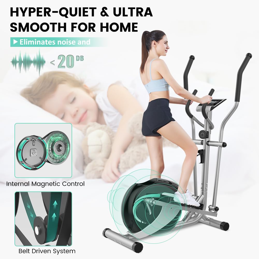 Dripex Elliptical Exercise Machine, Elliptical Machine for Home with 16 Resistance Levels, Quiet & Smooth Magnetic Elliptical Training Machines with 13.2 lb Flywheel, LCD Monitor & Pulse (Silver)
