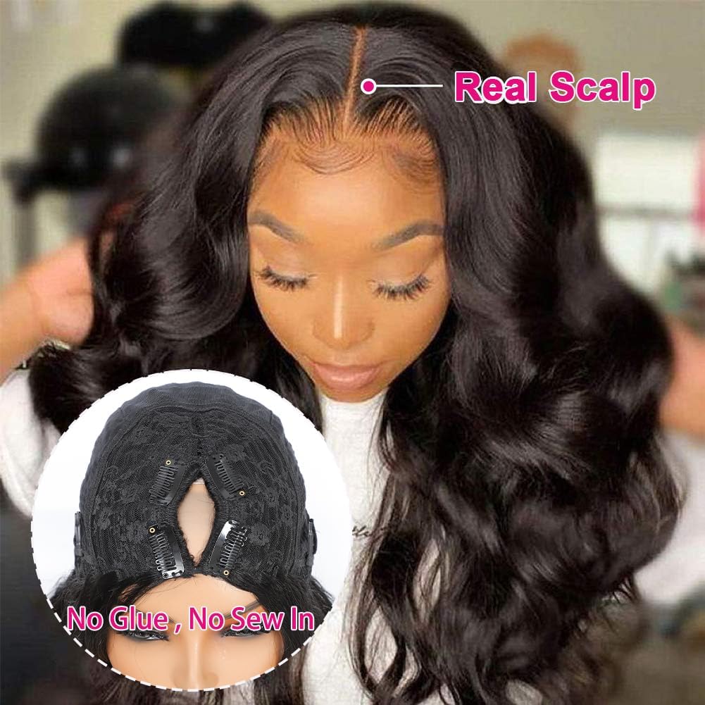 NZINZI Ombre V Part Wig Human Hair Body Wave Brown Wig Upgrade U Part Human Hair Wig with Clips Glueless Wigs Human Hair Clip in