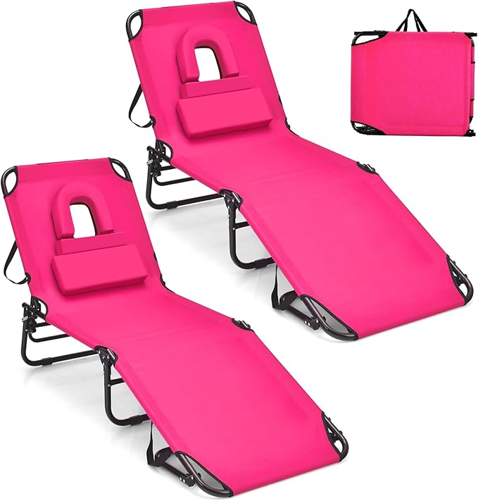 GYMAX Tanning Chair, 350lbs Beach Lounge Chair with Face Hole, Washable Pillow & Carry Strap, Adjustable Folding Chaise Lounge, Layout Lounger for Outside, Patio, Poolside, Lawn (2, Pink)