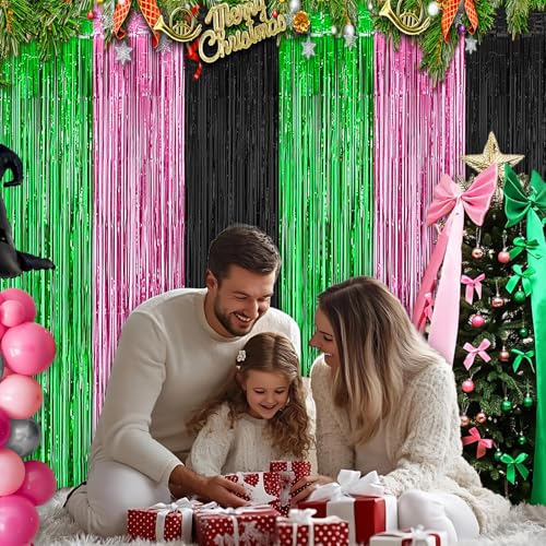 Pink Green Black Foil Fringe Curtains Backdrop Birthday Party Decorations, 4 Pack 3.28 x 6.56 Ft Witch Themed Tinsel Strea...