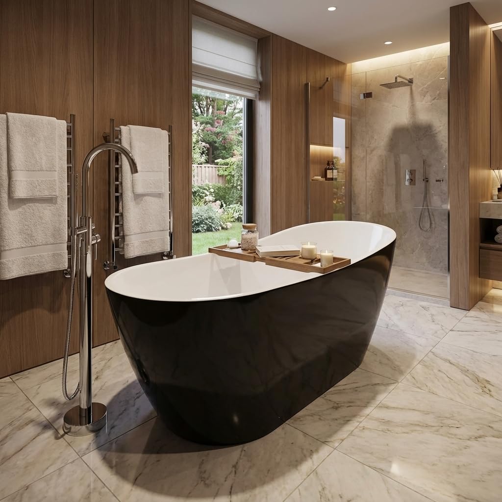 59" Acrylic Freestanding Bathtub, Contemporary Double-Walled Insulated Soaking Tub with Anti-Clog Drain & Overflow, cUPC Certified Heavy-Duty Resin Reinforcement, Black