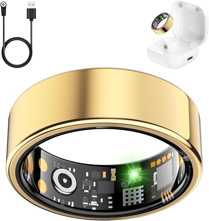 Smart Health Ring for Women Men, Fitness Tracker Ring with Heart Rate, Blood Oxygen, Sleep Tracker, Step Tracker, No Subscription Fee, IP68 Waterproof Smart Ring for iPhone & Android (Gold, 12#)