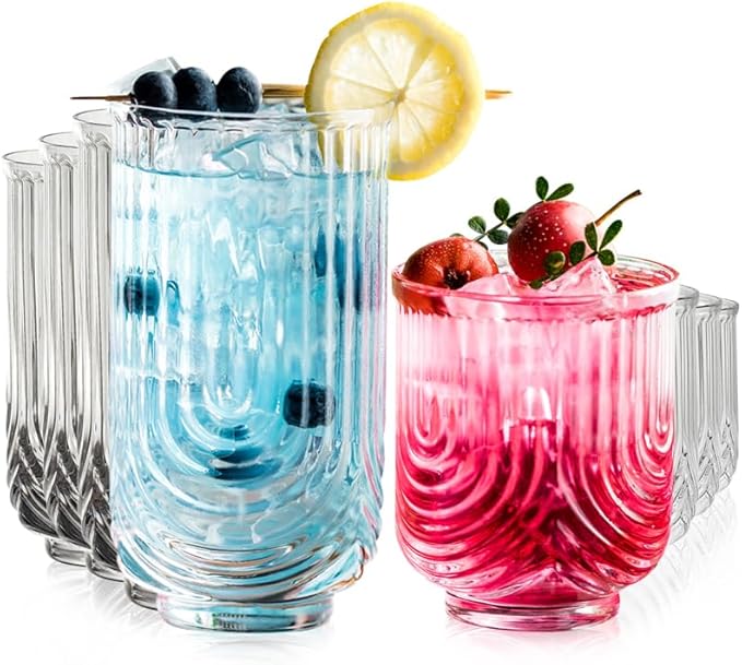 Art Deco Cocktail Glasses, Ribbed Drinking Glasses Set Of 8,14 oz Highball Glasses & 12 oz Cocktail Glasses Set, Kitchen W...