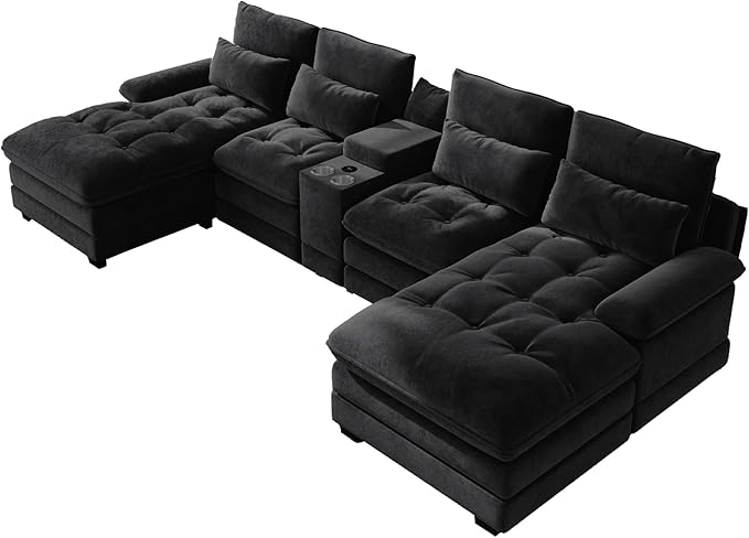 BEQAI 134"U Shaped Sectional Couches for Living Room,Oversized Modular Sectional Fluffy Couch with Chaise Lounge & Tufted Buttons,Modern Chenille 6 Seat Living Room Sofa Set with Storage Console,Black