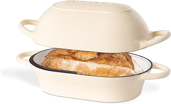 Dutch Oven For Sourdough Bread Baking – Enamelled Cast Iron Bread Loaf Pot – Oven Safe Non Stick Bread Pot – Rectangular, Cream, 24cm x 16cm – by Nuovva