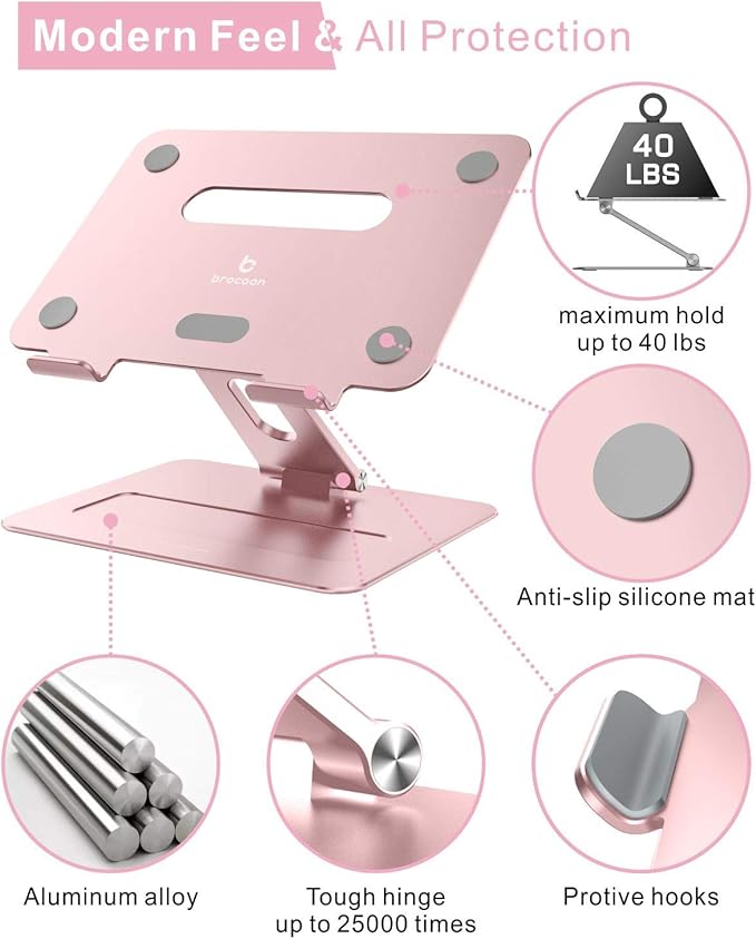 brocoon Adjustable MacBook Pink Laptop Stand for Desk | Ergonomic Aluminum Laptop Riser with Heat-Vent, Compatible for 10-17" Laptops, Rose Gold