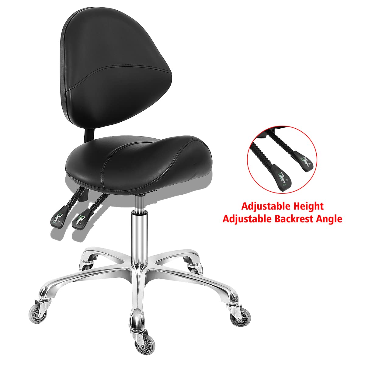 Saddle Stool Dental Hygienist Chair with Back Support, Rolling Esthetician Saddle Stool for Lash Salon Tattoo Shop Spa Dentist Clinic, Black, Adjustable Height 20-28 Inches, 100% Molded Foam Seat