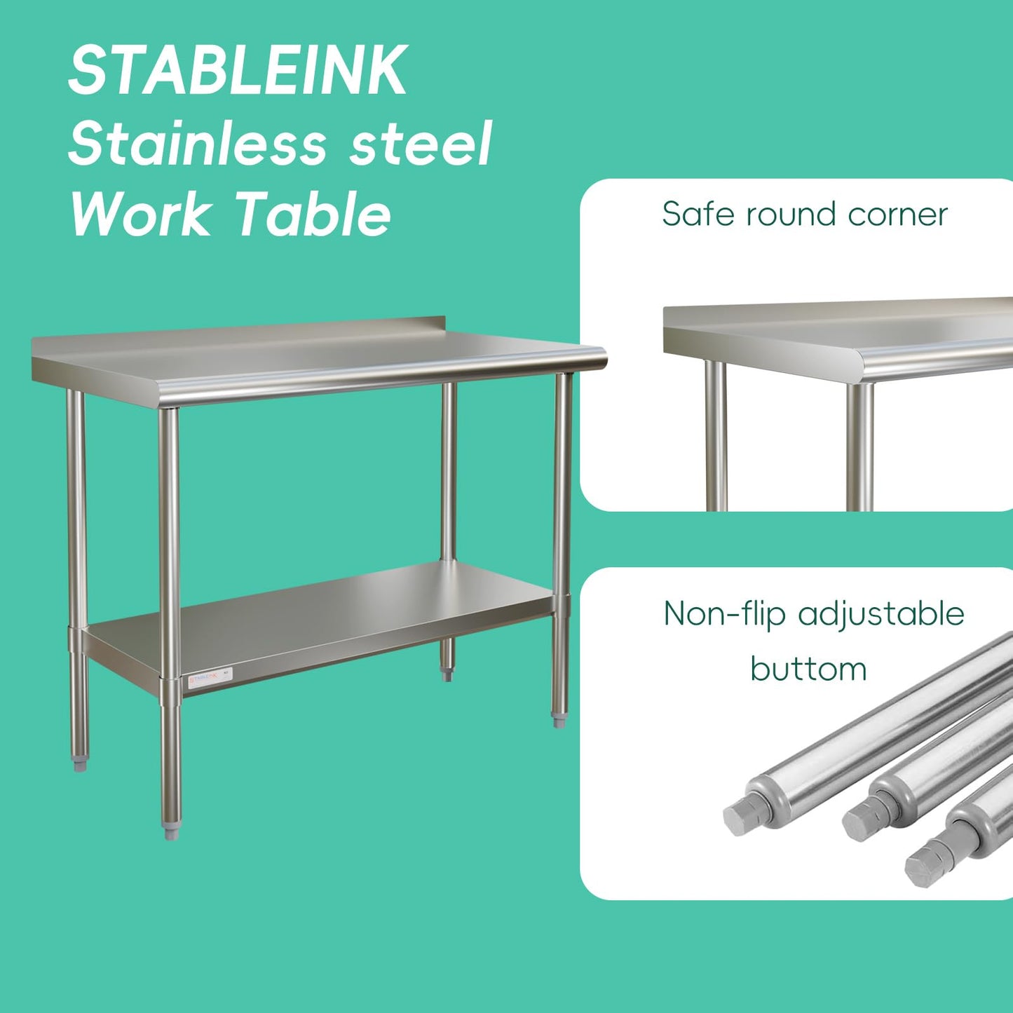 STABLEINK NSF Stainless Steel Table, 24 x 30 Inches Metal Prep & Work Table with Backsplash, Adjustable Undershelf and Table Foot, for Commercial Kitchen, Restaurant, Laundry Room and Garage
