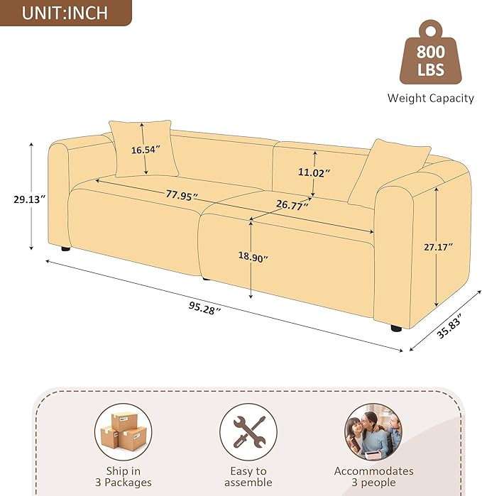 VANOMi 95" Cloud Couch, Comfy Deep Seat Boucle Cloud Sofa, Upholstered 3-Seater Oversized Loveseat Sofa with 2 Pillows, Modern Sofa for Living Room, Bedroom, Office, Apartment (Light Khaki)
