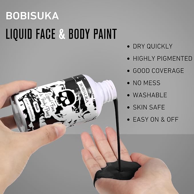 BOBISUKA Black Face Body Paint Liquid Texture Washable Non Toxic Facepaint Fast Drying Foundation Makeup for Halloween Clown Skeleton Skull Cosplay SFX Costume Party Large Capacity(130ml)