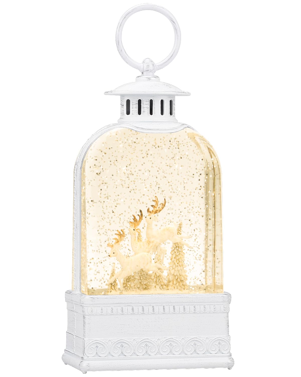 Reindeer Christmas Snow Globes Musical Lightde with 6H Timer Sparkly Swirling Snow Globe Lantern, Christmas Decor Winter Reindeer Gift, Battery or USB Powered White for Christmas Decoration (9.9Inch)