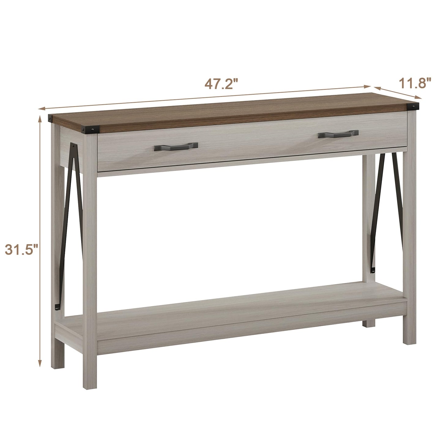 ChooChoo 47'' Farmhouse Console Table with Drawer, Entryway Table with Storage Shelf, Rustic A-Design Sofa Table for Hallway, Entrance, Living Room, White&Brown
